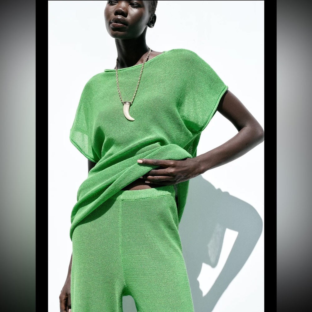 Zara, green, wide sleeve knit top, M